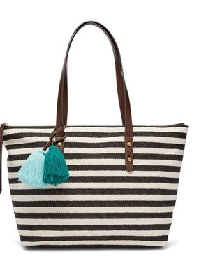 Fossil Jenna Black & White Striped Fabric Shoulder Bag + Leather Straps + Pompom